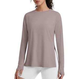 image:imageG4Free Lightbreeze Side Slits Workout Long Sleeve Shirts for Women  UPF 50 Crewneck Tops with Thumbholes Loose CasualGray Lilac