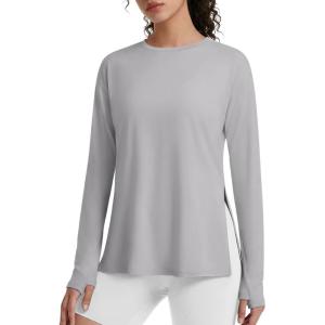 image:imageG4Free Lightbreeze Side Slits Workout Long Sleeve Shirts for Women  UPF 50 Crewneck Tops with Thumbholes Loose CasualSilver Gray