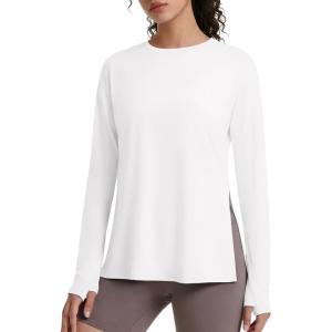 image:imageG4Free Lightbreeze Side Slits Workout Long Sleeve Shirts for Women  UPF 50 Crewneck Tops with Thumbholes Loose CasualWhite