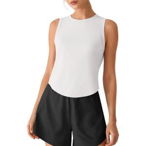 image:imageG4Free High Neck Workout Tanks for Women Curved Hem Sleeveless Shirts for Casual Relaxed Fit Gym Running TopsPure White