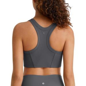 image:imageG4Free Ribbed Crewneck Sports Bras Padded for Women  Racerback Crop Tank Tops Workout Yoga Medium ImpactDark Gray