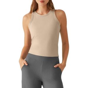 image:imageG4Free Ribbed Removable Built in Bra Workout Tank Tops for Women Soft Racerback High Neck Athletic Gym TanksLight Khaki