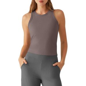 image:imageG4Free Ribbed Removable Built in Bra Workout Tank Tops for Women Soft Racerback High Neck Athletic Gym TanksTaupe