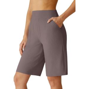 image:imageG4Free Ribbed Womens 10 Bermuda Shorts Wide Leg with Pockets Yoga Waistband Knee Length for Casual Work and WorkoutTaupe