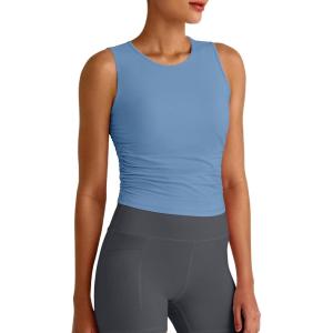 image:imageG4Free Skimetic Workout Tank Tops for Women Side Ruched Sleeveless High Neck Crop Top Summer Athletic Gym ShirtsDusty Blue