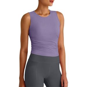 image:imageG4Free Skimetic Workout Tank Tops for Women Side Ruched Sleeveless High Neck Crop Top Summer Athletic Gym ShirtsGray Purple