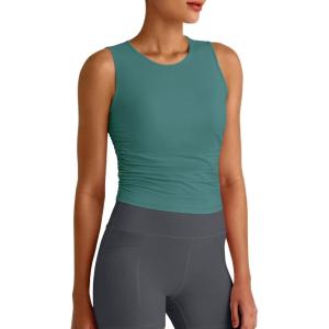 image:imageG4Free Skimetic Workout Tank Tops for Women Side Ruched Sleeveless High Neck Crop Top Summer Athletic Gym ShirtsMyrtle Green