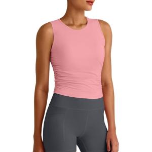 image:imageG4Free Skimetic Workout Tank Tops for Women Side Ruched Sleeveless High Neck Crop Top Summer Athletic Gym ShirtsPink