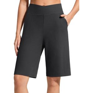 image:imageG4Free Ribbed Bermuda Shorts for Women 10 High Waisted Crossover Shorts with Pockets for Workout Casual SummerBlack