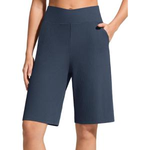 image:imageG4Free Ribbed Bermuda Shorts for Women 10 High Waisted Crossover Shorts with Pockets for Workout Casual SummerDark Navy