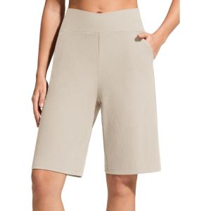 image:imageG4Free Ribbed Bermuda Shorts for Women 10 High Waisted Crossover Shorts with Pockets for Workout Casual SummerLight Khaki