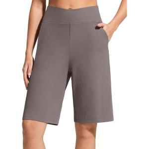 image:imageG4Free Ribbed Bermuda Shorts for Women 10 High Waisted Crossover Shorts with Pockets for Workout Casual SummerTaupe