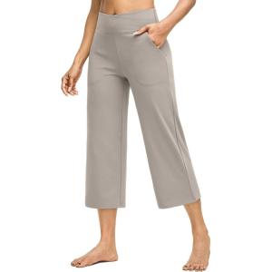 image:imageG4Free Capri Pants for Women Wide Leg Yoga Dress Capris with Pockets Cross Loose Casual Work Crop PantsMocha