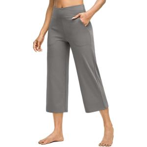 image:imageG4Free Capri Pants for Women Wide Leg Yoga Dress Capris with Pockets Cross Loose Casual Work Crop PantsMocha Brown