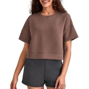 image:imageG4Free Smoofit Modal Soft Boxy Tee Shirts Women Short Sleeve Drop Shoulder Crew Neck Basic Crop Tops Loose Casual LoungeCoffee Brown