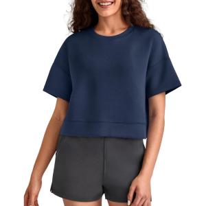 image:imageG4Free Smoofit Modal Soft Boxy Tee Shirts Women Short Sleeve Drop Shoulder Crew Neck Basic Crop Tops Loose Casual LoungeDark Navy