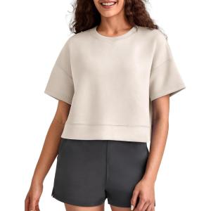 image:imageG4Free Smoofit Modal Soft Boxy Tee Shirts Women Short Sleeve Drop Shoulder Crew Neck Basic Crop Tops Loose Casual LoungeLight Khaki
