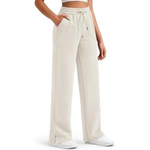 image:imageG4Free Smoofit Modal Soft Womens Wide Leg Sweatpants High Waisted Drawstring Side Slit Casual PantsIvory