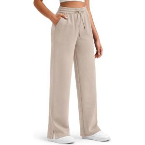 image:imageG4Free Smoofit Modal Soft Womens Wide Leg Sweatpants High Waisted Drawstring Side Slit Casual PantsLight Khaki