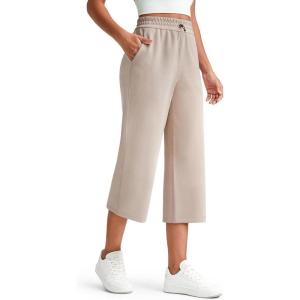 image:imageG4Free Smoofit Wide Leg Capri Pants for Women Adjustable Shockcord High Waist Summer Travel Casual Pants with PocketsLight Khaki