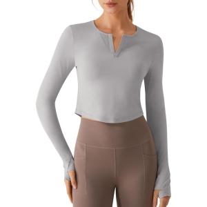 image:imageG4Free Lightbreeze Women UPF 50 Sun Shirts Thumbholes Long Sleeve Crop Workout Tops V Neck TShirts CasualSilver Gray