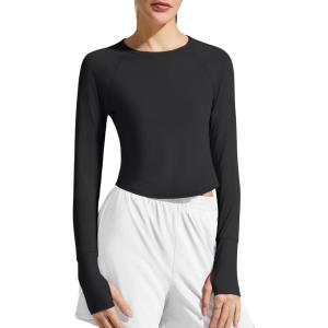 image:imageG4Free Lightbreeze Womens UPF 50 Long Sleeve Rash Guard Quick Dry Crop Workout Tops Thumbholes Sun Shirts Running AthleticBlack