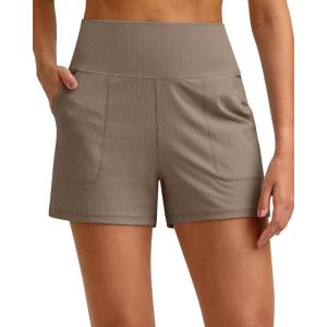 image:imageG4Free Ribbed Stretchy Womens Shorts Casual High Waisted Athletic Running Golf Lounge Shorts with PocketsDark Brown