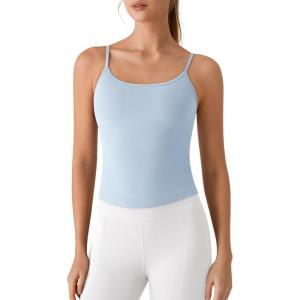 image:imageG4Free BareFeel Built in Bra Camisole Tops Yoga Workout Removable Padded Cami Spaghetti Strap Pilates Tank TopLight Denim