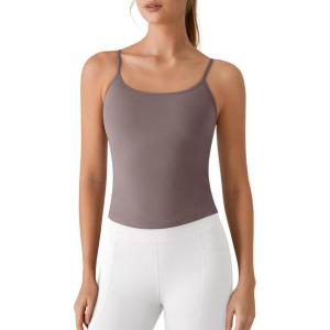 image:imageG4Free BareFeel Built in Bra Camisole Tops Yoga Workout Removable Padded Cami Spaghetti Strap Pilates Tank TopTaupe