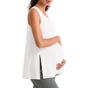 image:imageG4Free Lyocell Side Slits Maternity Tank Tops Crewneck Pregnancy Sleeveless Workout Shirts Loose FitPure White