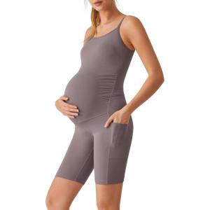 image:imageG4Free BareFeel Built in Bra Maternity Romper Cut Out Back Pregnancy Jumpsuit with Pockets Workout CasualTaupe