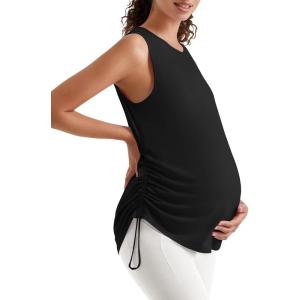 image:imageG4Free Lyocell Ruch Side Maternity Tank Top Crew Neck Sleeveless Loose Fit Pregnancy Yoga ShirtsBlack