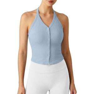 image:imageG4Free Ribbed Halter Crop Tank Tops Going Out Camisoles Backless Button Slim Fit Cropped Cami TopBlue Willow