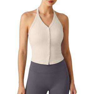 image:imageG4Free Ribbed Halter Crop Tank Tops Going Out Camisoles Backless Button Slim Fit Cropped Cami TopLight Khaki