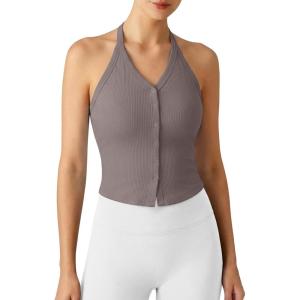image:imageG4Free Ribbed Halter Crop Tank Tops Going Out Camisoles Backless Button Slim Fit Cropped Cami TopTaupe
