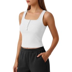 image:imageG4Free Ribbed Henley Button Tank Top Cropped Yoga Going Out Tanks Square Neck Sleeveless Crop TopsPure White