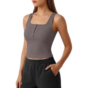 image:imageG4Free Ribbed Henley Button Tank Top Cropped Yoga Going Out Tanks Square Neck Sleeveless Crop TopsTaupe
