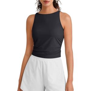 image:imageG4Free Skimetic Workout Boat Neck Tank Top Running Athletic Tanks UPF 50 Ruched Yoga Pilates Tops Slim FitBlack