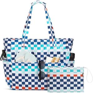 image:imageG4Free Beach Bag Waterproof Sandproof Large Foldable Beach Tote with Zipper for Women Pool Travel Swim Grocery Tote BagsBlue Red Checkered