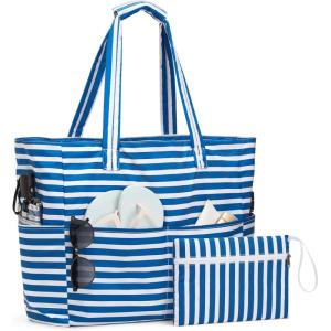 image:imageG4Free Beach Bag Waterproof Sandproof Large Foldable Beach Tote with Zipper for Women Pool Travel Swim Grocery Tote BagsBlue Strip