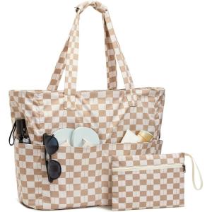 image:imageG4Free Beach Bag Waterproof Sandproof Large Foldable Beach Tote with Zipper for Women Pool Travel Swim Grocery Tote BagsBrown Checkered
