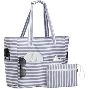image:imageG4Free Beach Bag Waterproof Sandproof Large Foldable Beach Tote with Zipper for Women Pool Travel Swim Grocery Tote BagsGray Strip