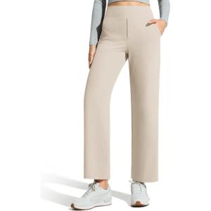 image:imageG4Free Ribbed Ankle Pants for Women 78 Length Wide Leg Yoga Pants with Pockets Casual TravelLight Khaki