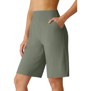 image:imageG4Free Ribbed Bermuda Shorts for Women 1011 High Waisted Crossover Shorts with Pockets for Workout Casual SummerGray Olive