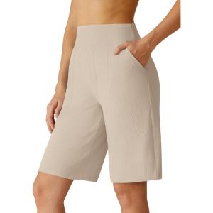 image:imageG4Free Ribbed Bermuda Shorts for Women 1011 High Waisted Crossover Shorts with Pockets for Workout Casual SummerLight Khaki
