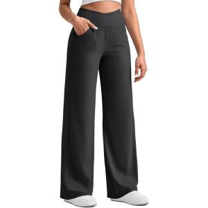 image:imageG4Free Ribbed Wide Leg Pants Women Breathable Stretchy Lightweight Cross Waist Yoga Pants with PocketsBlack