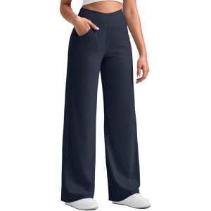 image:imageG4Free Ribbed Wide Leg Pants Women Breathable Stretchy Lightweight Cross Waist Yoga Pants with PocketsDark Navy