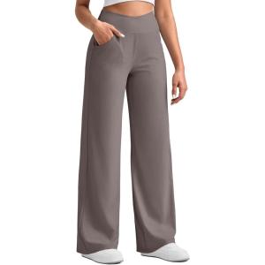 image:imageG4Free Ribbed Wide Leg Pants Women Breathable Stretchy Lightweight Cross Waist Yoga Pants with PocketsTaupe