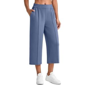 image:imageG4Free Smoofit Capri Pants for Women Wide Leg Yoga Pants High Waist Summer Travel Casual Pants with PocketsDenim Blue
