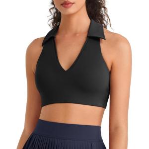 image:imageG4Free BareFeel V Neck Sports Bra for Women  Padded Collared Racerback Tennis Workout Tank TopsBlack
